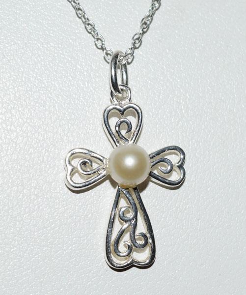 Sterling Silver Pearl Cross Necklace: This pendant measures 15mm wide with a 26mm drop with a 5mm pearl on an 18inch chain & stamped CW 925.