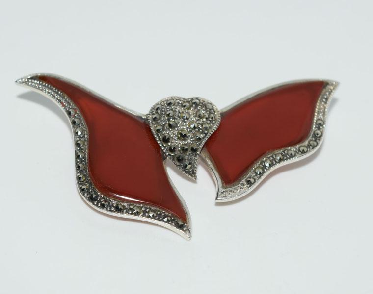 Host Pick Sterling Marcasite Agate Heart Brooch: This brooch measures 61.5 x 44mm weighs 10.55 & stamped 925 R.