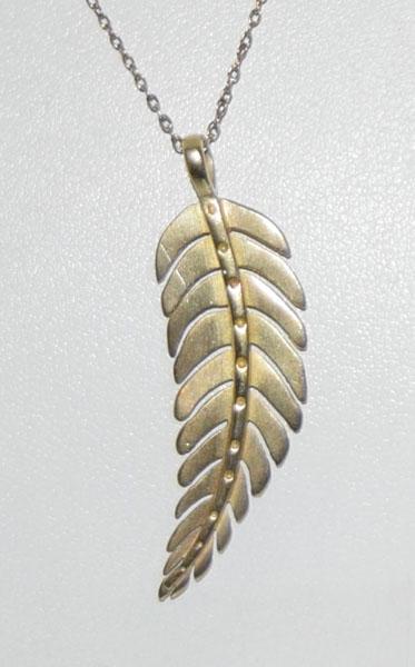 Gold over Sterling Feather Necklace: This pendant measures 13.6mm x 1.75inch drop on an 18inch chain & stamped 925.