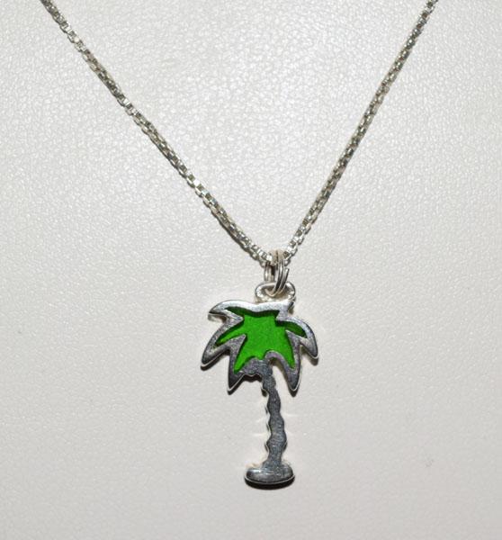 Sterling Green Resin Palm Tree Necklace: This pendant measures 17mm wide with a 25mm drop on a 20inch chain & stamped 925.