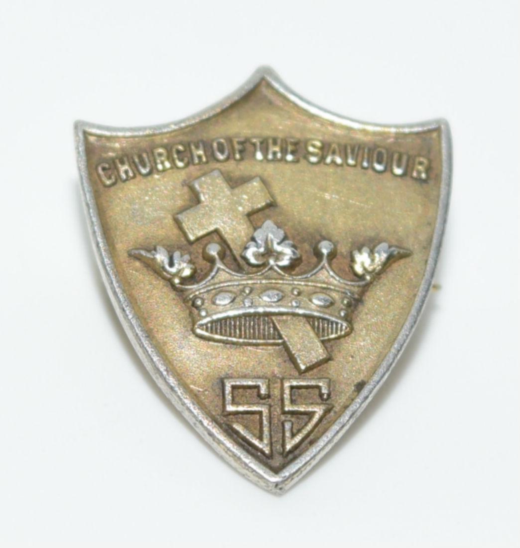 Caldwell Gold Over Silver Church of the Saviour Brooch: Measurement: 15mm x 13mm | Note: engraved M.J.McFarland on the back | Weight: 1.6 grams | Stamp: Caldwell silver