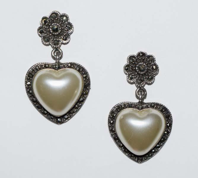 Sterling Silver Marcasite Heart Earrings: Measurement: 34.3mm drop, 19.8mm width | Weight: 13.5 grams | Stamp: 925