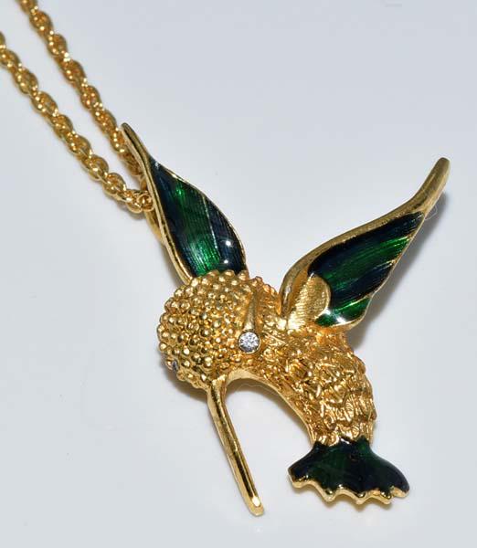 Gold Tone Enamel Hummingbird Necklace: Measurement: 17 inch length, 38.5mm drop, 28mm width