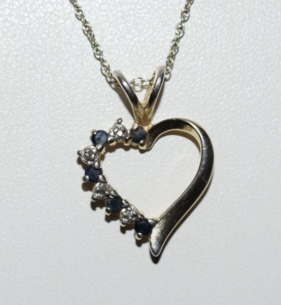 Sterling Diamond & Sapphire Heart Necklace: This pendant measures 17mm wide with a 23.8mm drop on a 19inch chain & stamped 925.