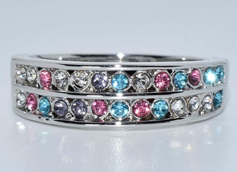 Multi Color Rhinestone Silver Tone Ring Sz 7.5 (1 of 3)