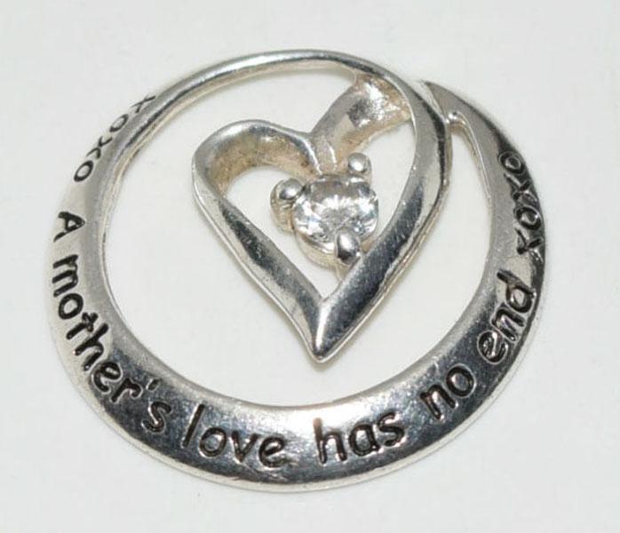 Sterling Heart Mothers Love Pendant: Weighs 1.5grams Measures 18mm round approx. 3mm Round Accent Stamped 925 LA