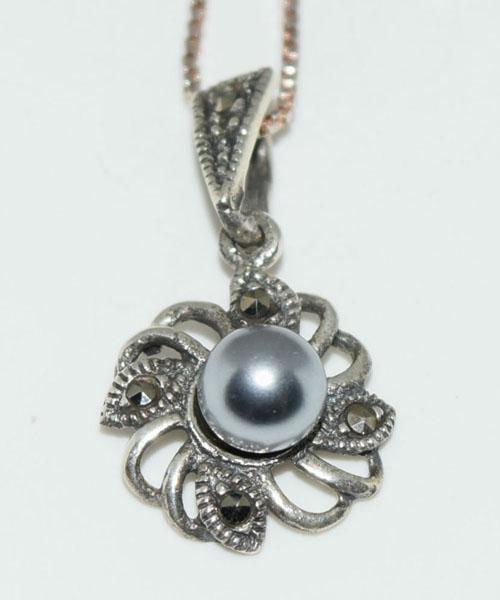 Sterling Faux Pearl & Marcasite Necklace: Weighs 3.4grams Measures 13.5mm wide 24mm drop 18inch box chain Stamped 925