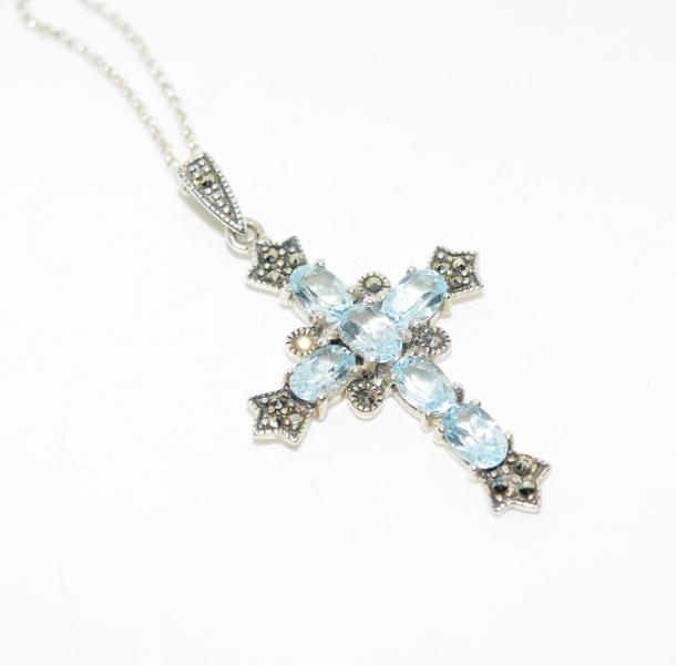 Sterling Topaz & Marcasite Cross Necklace: Weighs 4.7grams Measures 25.15mm wide 42.27mm drop 18inch chain Stamped 925 DBJ Tested Topaz