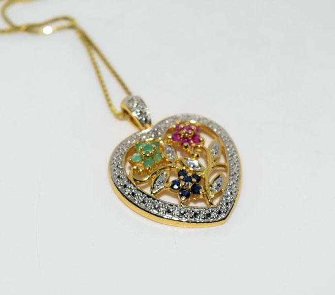 Sterling Semi-Precious Gemstones Heart Necklace: Weighs 5grams Measures 20.7 x 26.6mm 18inch box chain Stamped 925 Tested Emerald Ruby & Sapphire