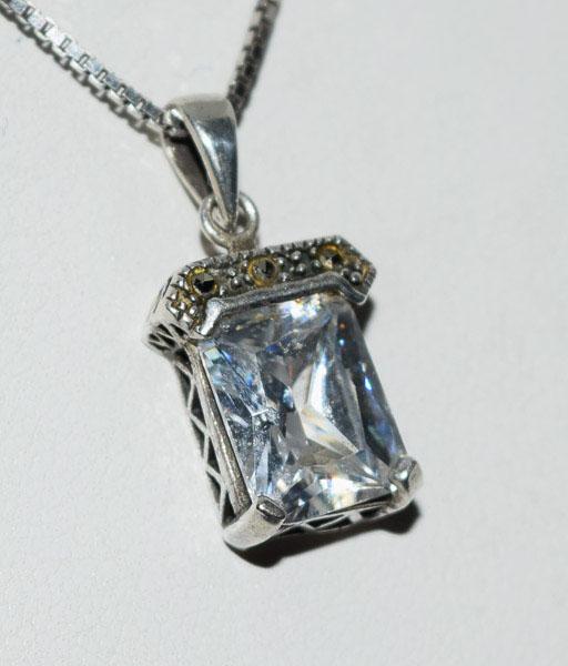 Sterling Marcasite & Emerald Cut Pendant Necklace: Weighs 5.3grams Measures 10.7mm wide 21mm drop 925 17-20inch box chain Tested Sterling Pendant
