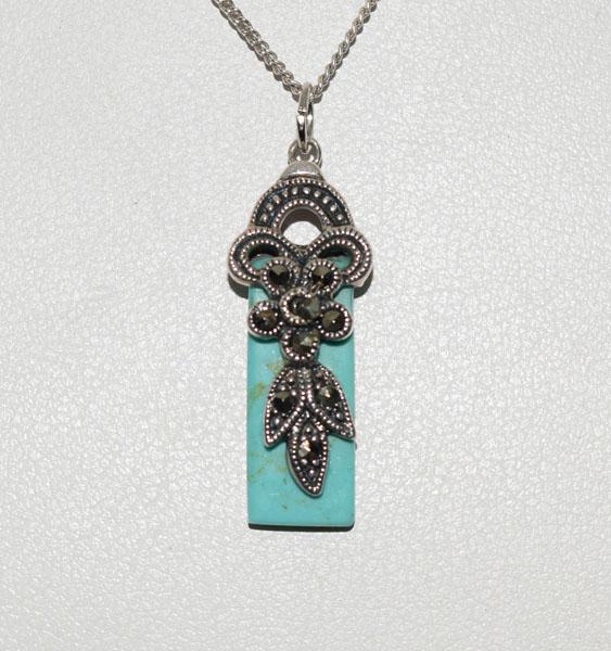 Sterling Marcasite Floral Stone Drop Necklace: Weighs 3.8grams measures 10mm wide 30.3mm drop 19inch chain Stamped 925 Tested Sterling Pendant