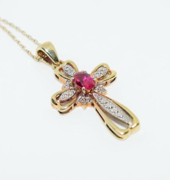 Gold over Sterling Ruby Diamond Cross Necklace: Weighs 3.5grams Measures 17.3mm wide 1.36inch drop 18inch chain Stamped SS CW Tested Diamond Ruby
