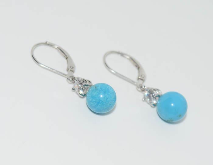 Sterling CZ Bead Lever Earrings: Weighs 2.5grams Measures 8mm Blue Bead 4.4mm CZ Stamped JCM CZ 925