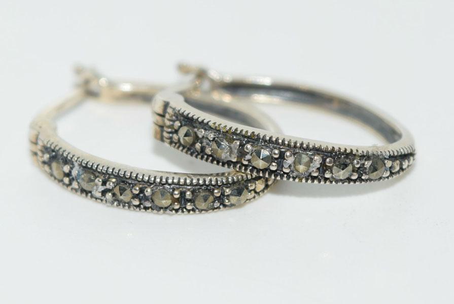 Sterling Marcasite Hoop Earrings: Weighs 2.5grams measures 3mm wide 19.5mm drop Stamped 925 Thailand