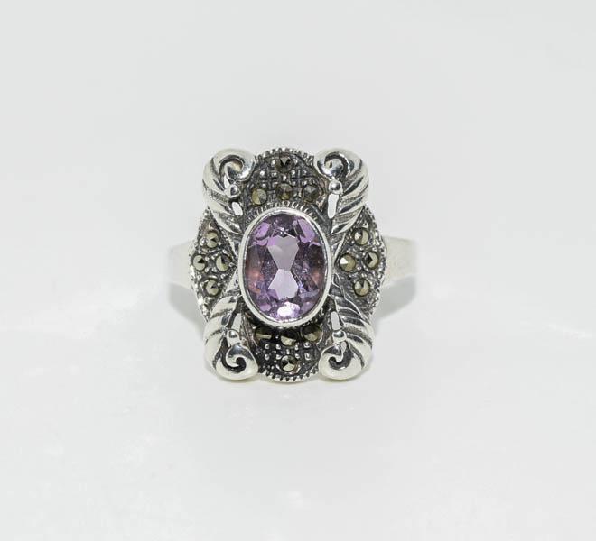 Sterling Vintage Style Marcasite Amethyst Ring: Weighs 5.5grams measures 18.6mm face size 8.5 Stamped 925 FAS Tested Amethyst