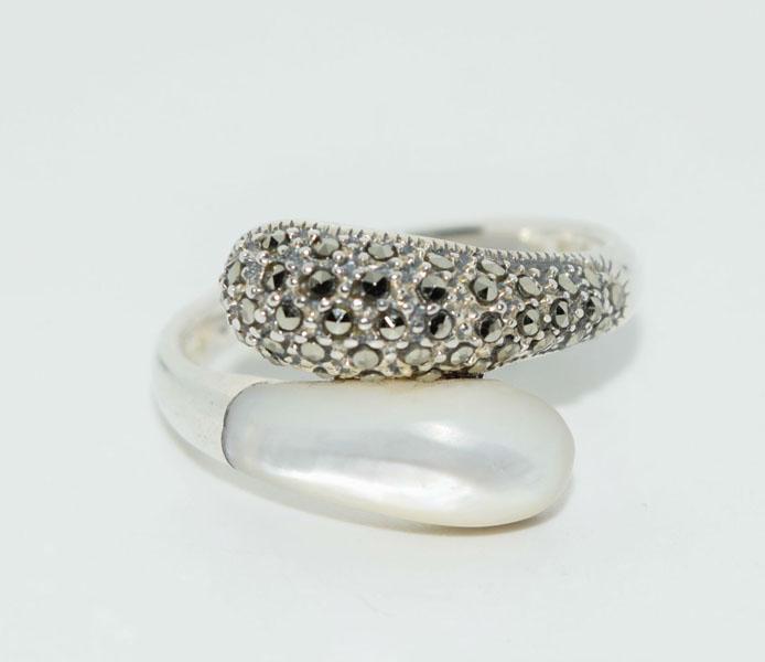 Sterling Marcasite Mother of Pearl Wrap Ring Sz10: Weighs 5grams Measures 12mm wide Size 10 Stamped 925