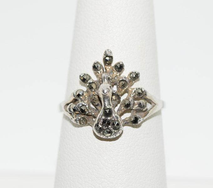 Sterling Silver Marcasite Peacock Ring Sz7.5: Weighs 2.1grams Measures 15 x 13.5mm face Size 7.5 Stamped 925