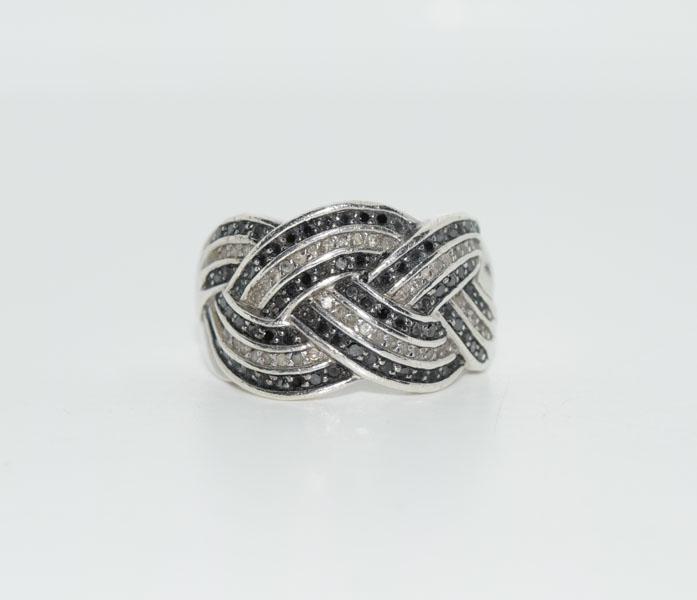 Sterling Sz10.5 Black & White Diamond Ring: Weighs 11grams Measure 15.5mm face Size 10.5 Stamped IS 925 Tested Diamond
