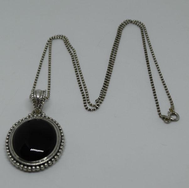 24 Inch Sterling Large Cabochon Onyx Necklace: This pendant measures 27.5mm wide with a 48.5mm drop on a 24inch sterling ball chain stamped 925. Weighs 16.64 grams total