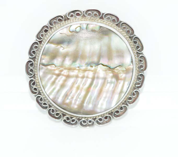 Mexico Sterling Silver Abalone Brooch/Pendant: This brooch/pendant measures 46.5mm round & stamped Mexico 925 Sterling.