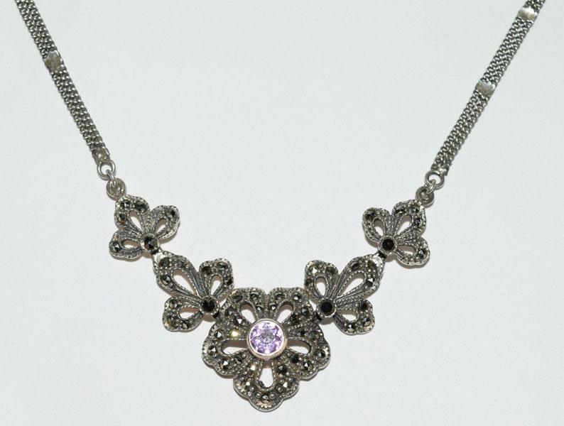 Boma Sterling Silver Amethyst Marcasite Necklace: This necklace measures a 19mm drop 18inches long, weighs 11.26grams with tested amethyst & stamped 925 BOMA.