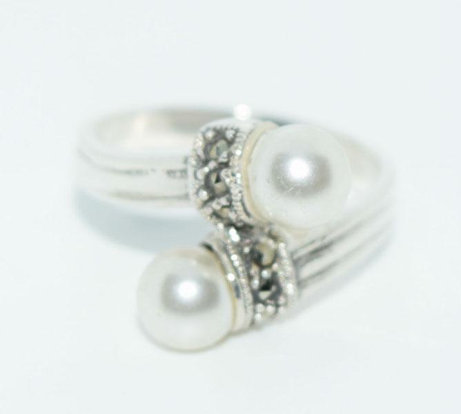 Sterling Silver Faux Pearl Marcasite Ring Sz7: This ring measures 14mm wide face a size 7 & stamped 925.