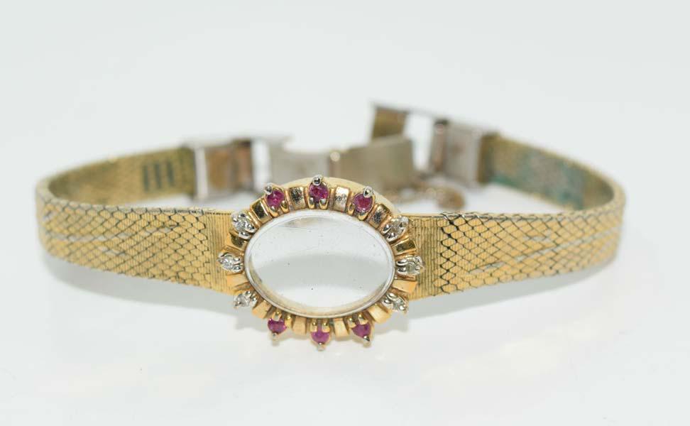 Vintage Stainless-Steel Ruby and Diamond Watch Band: This band measures a 17mm face & 6inches long adjustable with safety chain with Tested Ruby & diamond Accents.