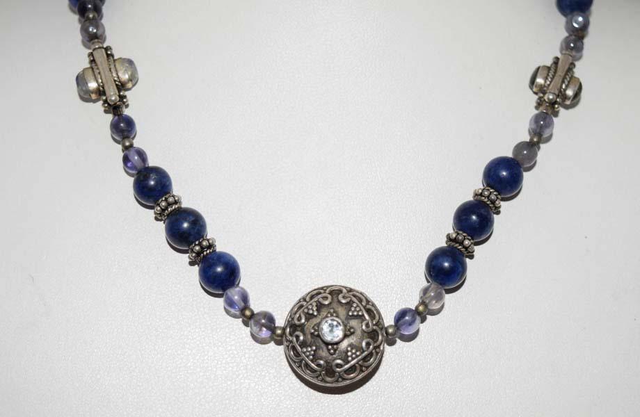 Vintage Sterling Lapis Lazuli Moonstone Topaz Necklace: Weighs 37.49grams Measures 19.5mm widest Bead 16inches long Tested Sterling