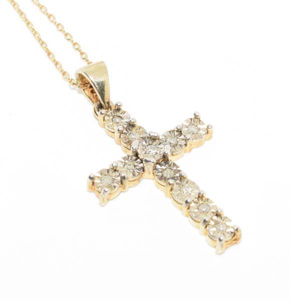 Gold over Sterling Genuine Diamond Cross Necklace: Weighs 3.65grams Measures 18.9mm wide 33.6mm drop 18inch chain Stamped unknown Makers Mark and 925