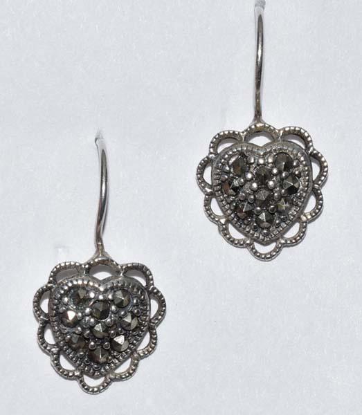 ORJ Sterling Silver Marcasite Heart Earrings: Measurement: 25mm drop, 13mm width | Weight: 3 grams | Stamp: 925 ORJ