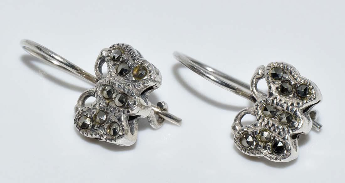 Sterling Silver Marcasite Butterfly Earrings: Measurement: 17mm drop, 2mm width | Weight: 2 grams | Stamp: 925