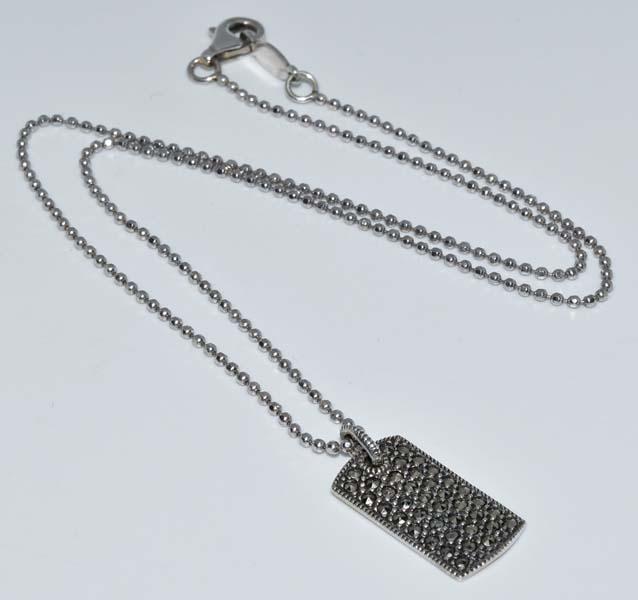 Signed JJ Sterling Silver Marcasite Necklace: Measurement: 15.5 inch length, 23mm pendant drop, 10.8mm width | Weight: 5 grams | Stamp: JJ 925