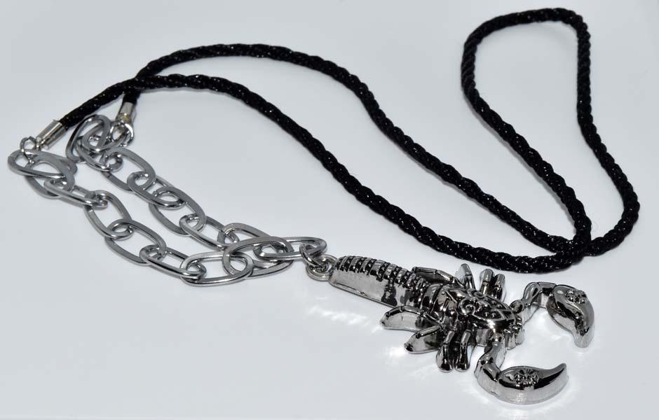 Silver Tone Chain & Cord Scorpion Necklace: Measurement: 30 inch length, 75mm pendant drop, 35mm pendant width