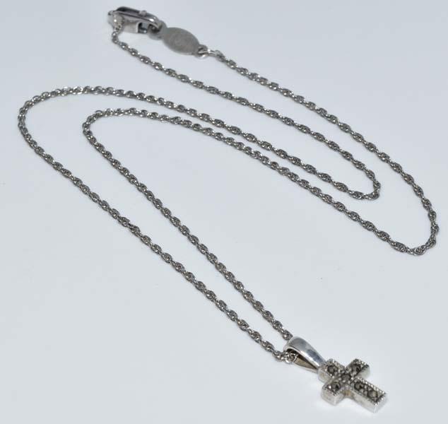 Signed JJ Sterling Silver Marcasite Cross Necklace: Measurement: 16 inch length, 16.8mm pendant drop, 7.7mm pendant width | Weight: 3 grams | Stamp: JJ 925 Sterling