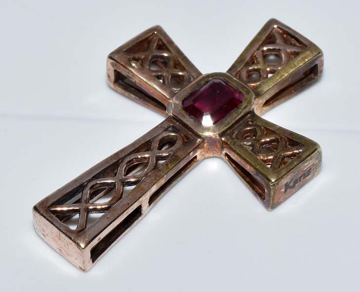 Signed Kans Gold Over Sterling Ruby Cross Pendant (1 of 3)