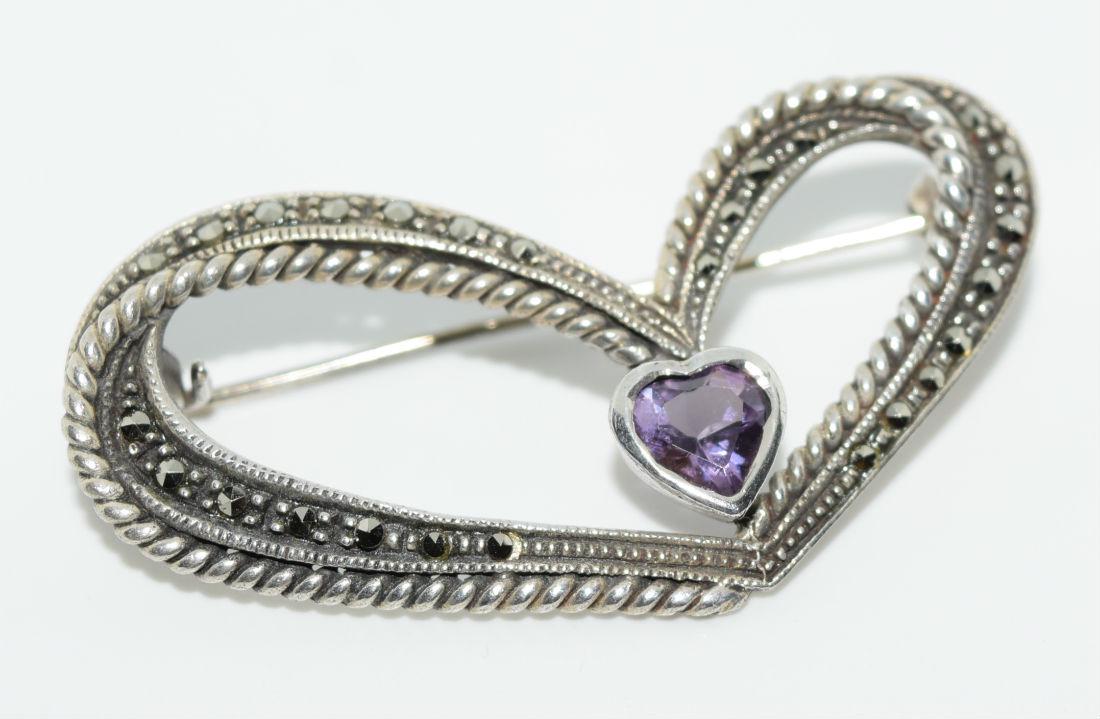 Sterling Silver Marcasite & Amethyst Heart Brooch (1 of 3)