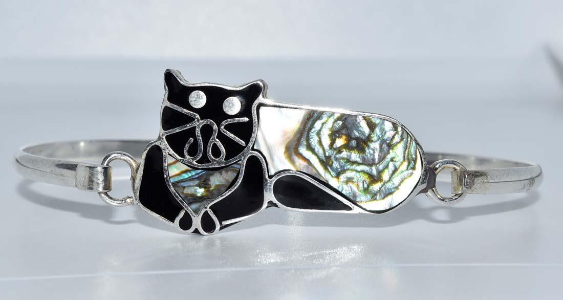 Silver Tone Enamel & Abalone Cat Bracelet (1 of 3)