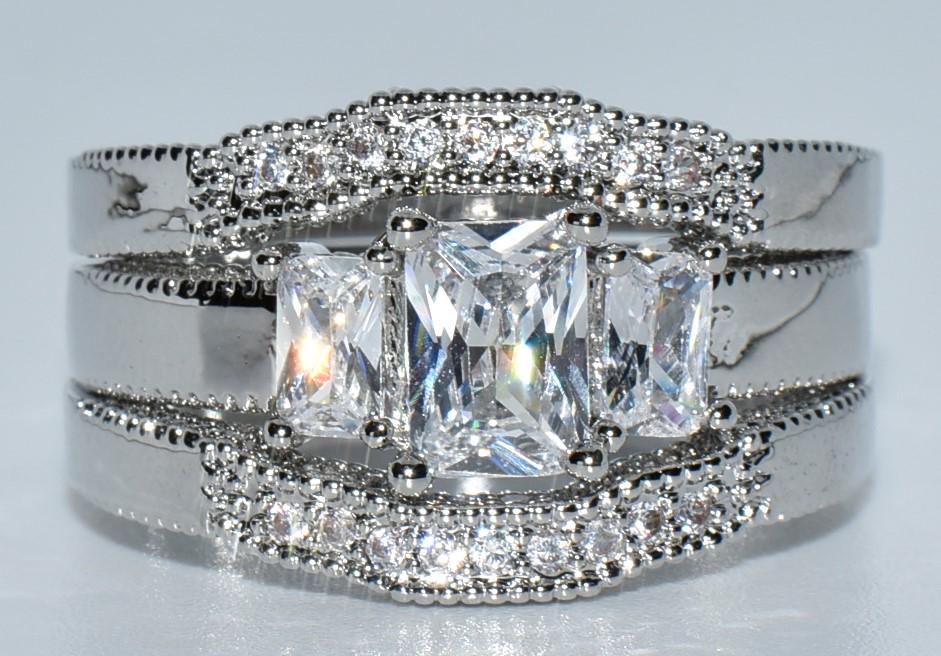 Silver Tone CZ Three Stone Ring Sz 9.75 (1 of 4)