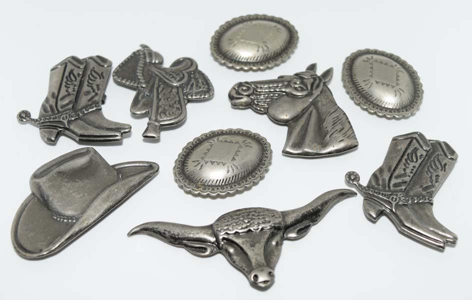 9 Piece Western Button Covers: Measurement: Conchos 31.5mm x 25mm, Bull 27mm x 70mm, Hat 27.7mm x 48.7mm, boots 37.3mm x 38mm, horse 37.5mm x 36mm, saddle 42mm x 34.5mm