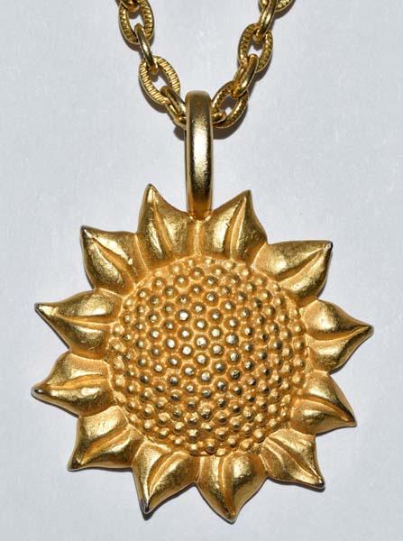 Gold Tone Sunflower Necklace: Measurement: 19 inch length, 55mm pendant drop, 42mm width | Note: there is some wear on this necklace