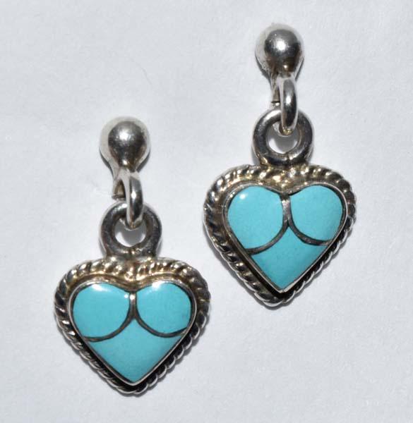 Signed LO Native American Turquoise Heart Earrings (1 of 3)