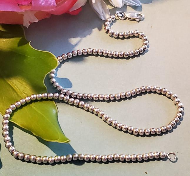 Sterling Silver Beaded Necklace: Item Details:Sterling Silver Beaded Necklace Type: Sterling Silver Beaded Chain Length: 14 Inches Width: 5 mm Other: Stone Type: None Stone Cut: None Stone Color: None Shape/Style: N/A Carats: None We