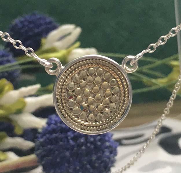Anna Beck Sterling Silver Necklace: Item Details: sterling silver double sided silver & gold over sterling necklace | Measurement: 17.5 inch - 19 inch length, 16.3mm pendant drop | Hallmarks & Stamps: 925 Anna Beck | Weight in grams: 6.