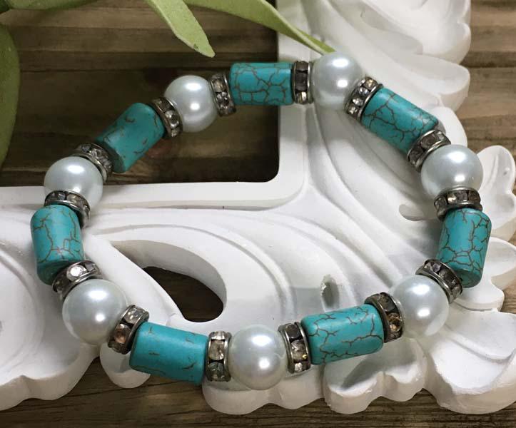 Turquoise Color & Faux Pearl Stretch Bracelet (1 of 3)