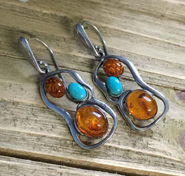 Sterling Silver Amber & Turquoise Earrings (1 of 2)