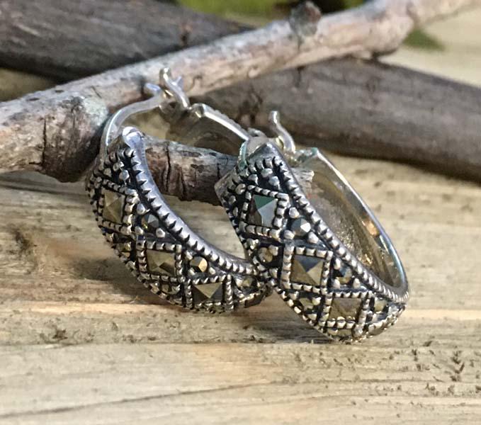 Sterling Silver Hoop Earrings: Item Details: sterling silver marcasite hoop earrings Measurement: 17mm drop, 5.8mm width Hallmarks & Stamps: 925 A Thailand Weight in grams: 5.1 grams Shipping Time: Usually 2-5 Business Days Shippin
