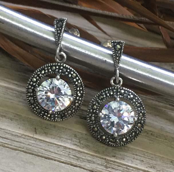 Sterling Silver Swarovski Crystal Marcasite Earrings: Item Details: sterling silver swarovski crystal and marcasite earrings | Measurement: 25mm drop, 14mm width | Hallmarks & Stamps: 925 Thai | Weight in grams: 5.6 grams | Shipping Time: Usually 2-5 Bus