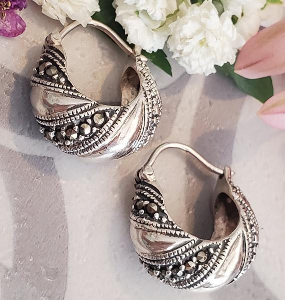 Sterling Silver Hoop Earrings: Item Details: Sterling Silver Hoop Earrings Length or Drop: 22 mm Width: 9.8 mm Other: Stone Type: Marcasite Weight in Grams: 7 Hallmarks and Stamps: 925 Shipping Time: Usually 2-5 Business Days Shipp