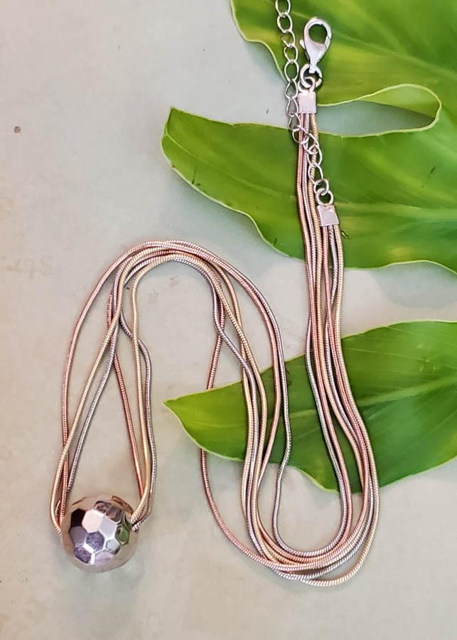 Three Tone Sterling Silver Necklace: Item Details: Three Tone Sterling Silver Necklace Chain Length: 16.5 to 18.5 Inches Pendant Drop: 12 mm Pendant Width: 12 mm Clasp: Lobster Claw Weight in Grams: 8.95 Hallmarks and Stamps: N, 925, Chi