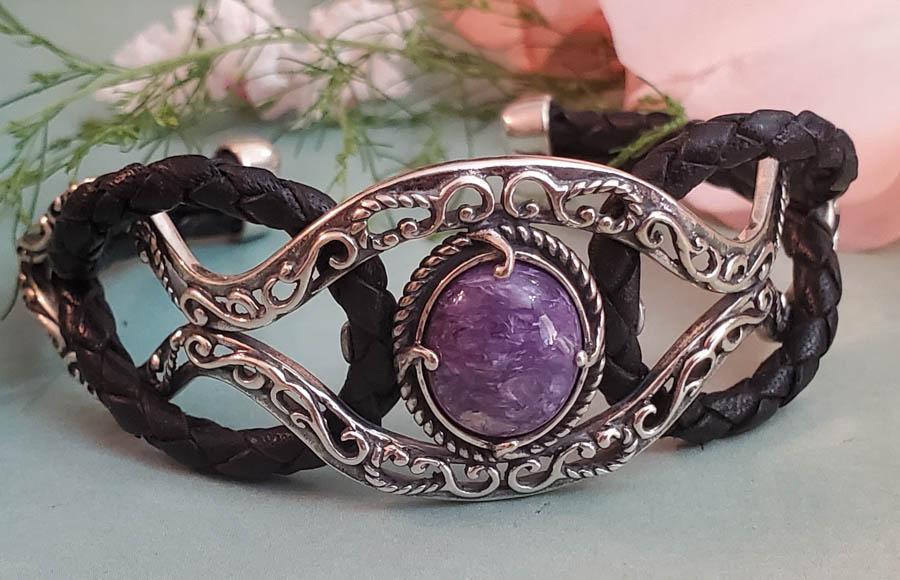 CAROLYN POLLACK Charoite Leather 925 Cuff (1 of 6)